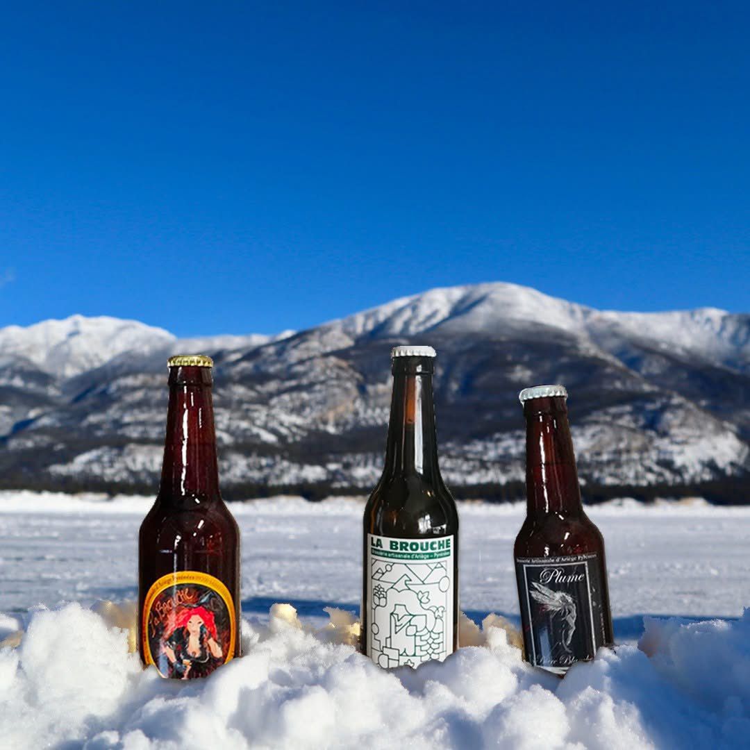 Les bouteilles de bière La Brouche, IPA et Plume dans la neige